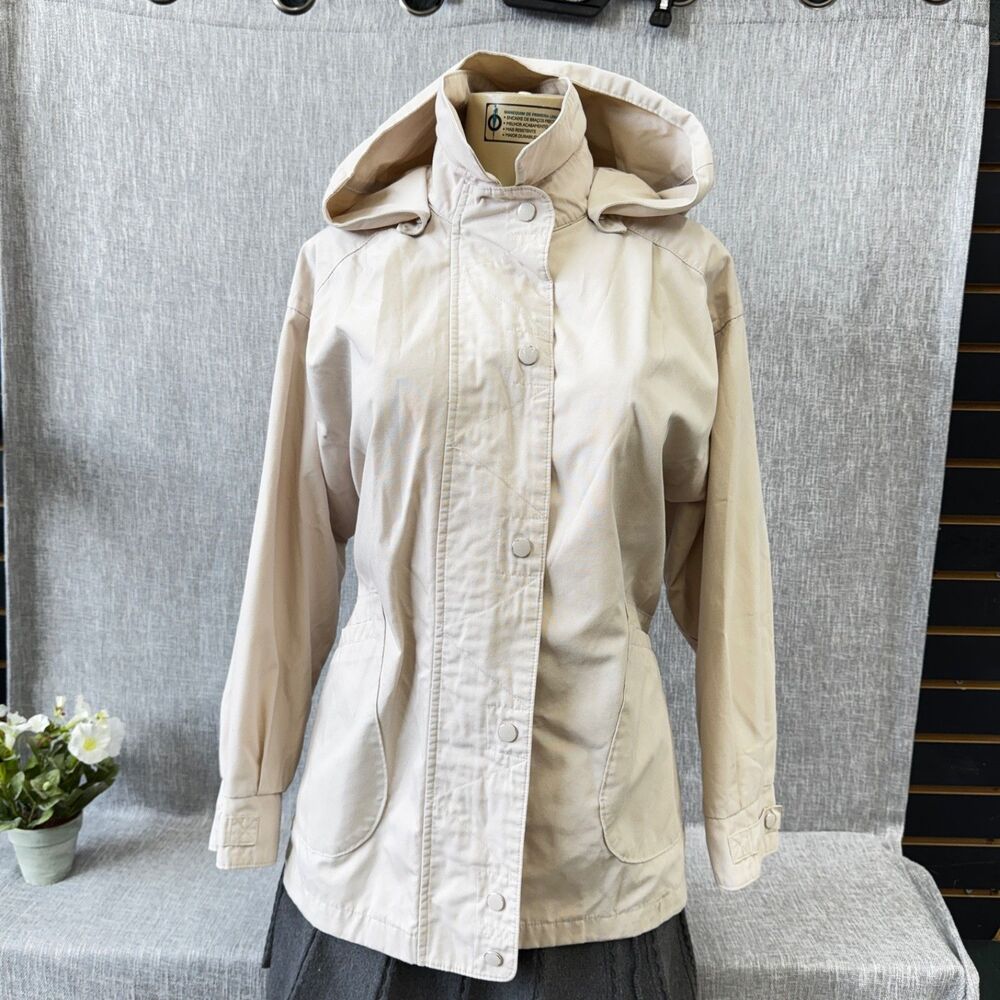 Towne by London Fog Jacket Women's Size L Hooded Beige Cotton Blend Lightweight